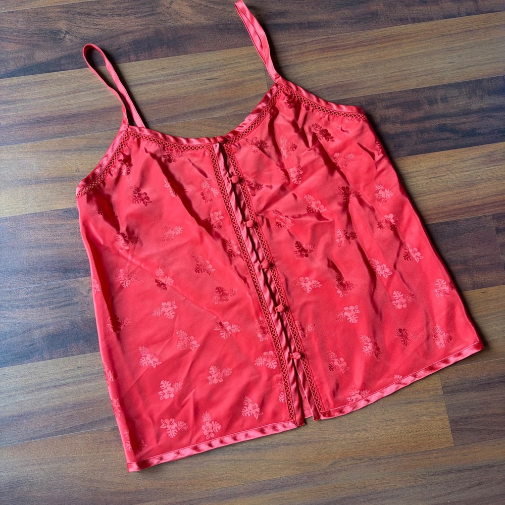 Valerie Stevens Red Floral Jacquard Satin Camisole Button Front Crochet Trim M